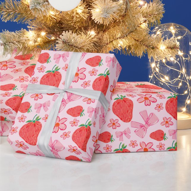 Pink Pastel Strawberry Floral Bow  Wrapping Paper (Holidays)
