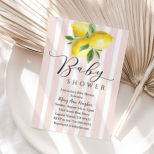 Pink Pastel Stripes Lemon Baby Shower Invitation