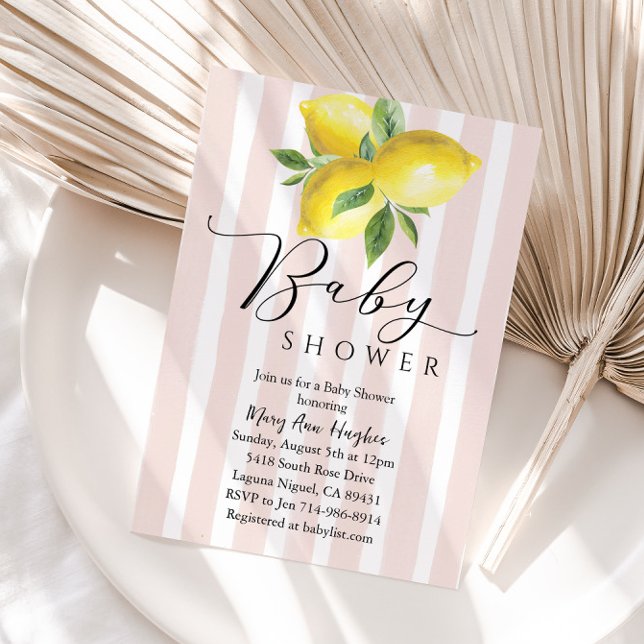 Pink Pastel Stripes Lemon Baby Shower Invitation (Creator Uploaded)