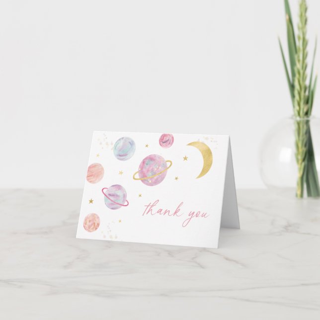 Pink Pastel Two the Moon Space Birthday Thank You Card (Front)