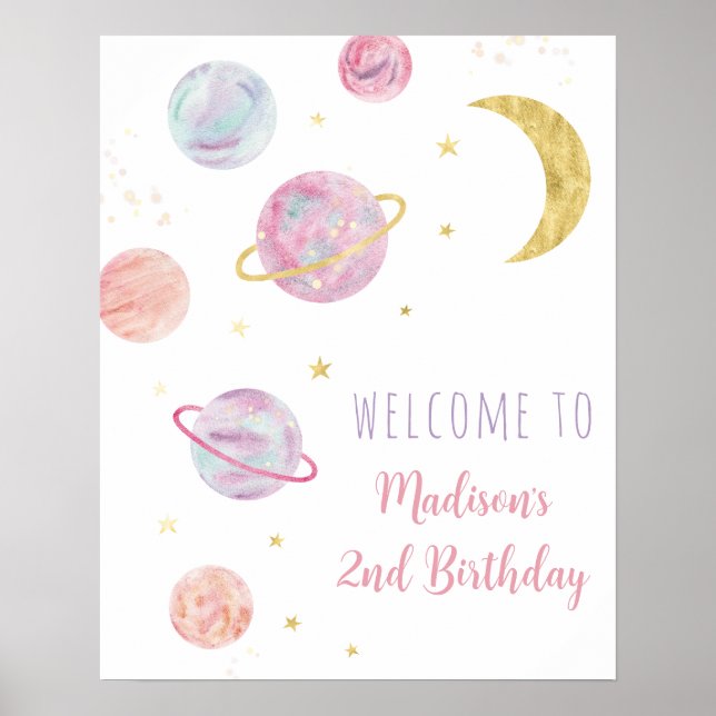 Pink Pastel Two the Moon Space Birthday Welcome Poster (Front)