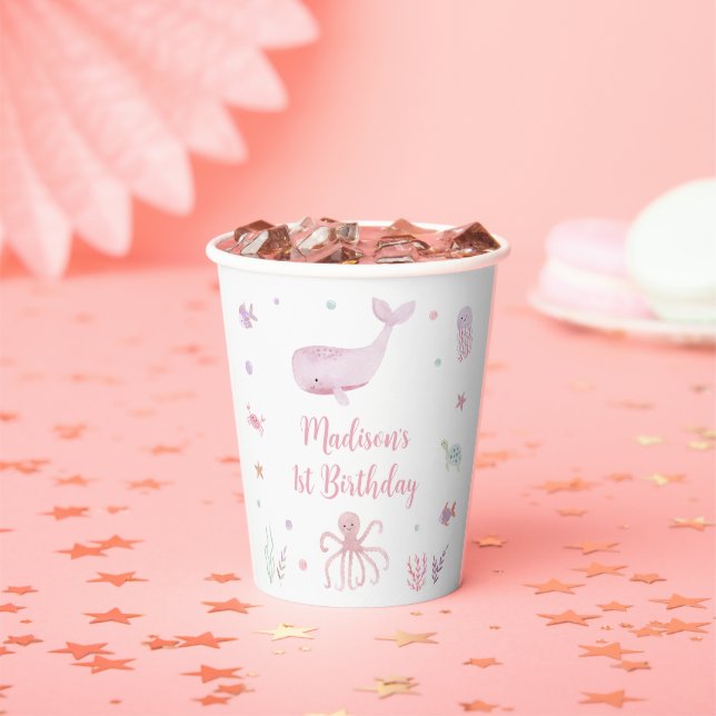 Pink Pastel Under the Sea Birthday Paper Cups (Insitu)