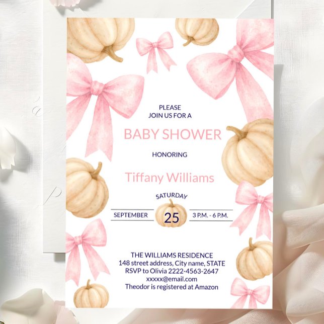 Pink Pastel Watercolor Pumpkin bow ribbon Invitation (Pink bow little pumpkin girl baby shower invitation )
