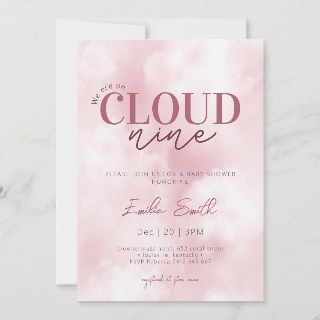 Pink Pastel We’re on Cloud Nine Baby Shower Invitation (Front)