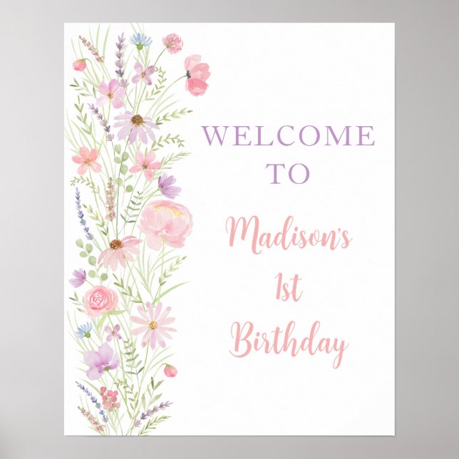 Pink Pastel Wildflower Baby Shower Welcome Poster (Front)