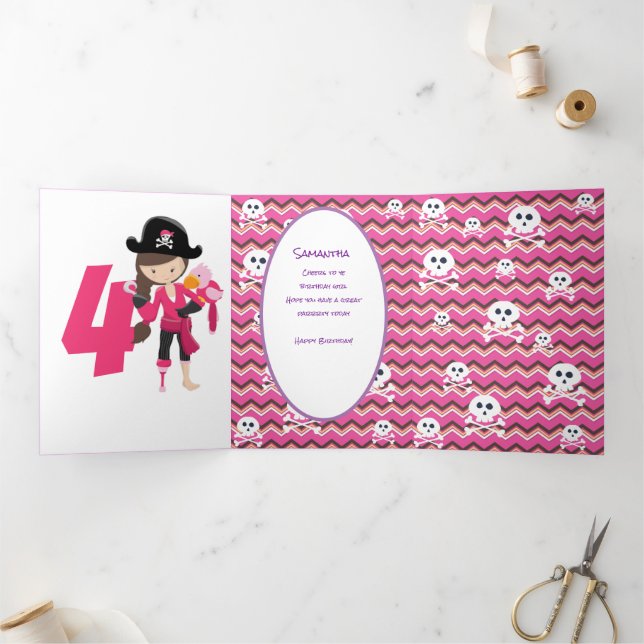 Pink Pastle Glitter  Pirate Girl 4th Birthday Tri-Fold Card (Inside)