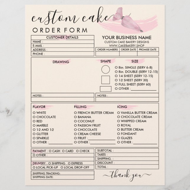 Pink Pastry Bag Logo Bakery Cake Order Form Flyer (Front)