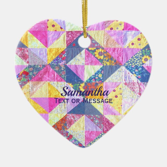 Pink Patchwork Quilt Ceramic Ornament (Front)