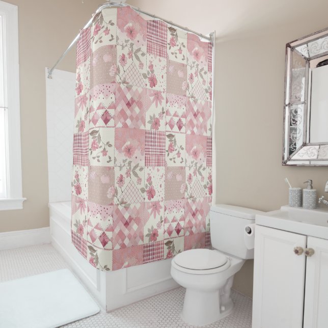 Pink Patchwork Quilt Rustic Floral Retro  Shower Curtain (In Situ)