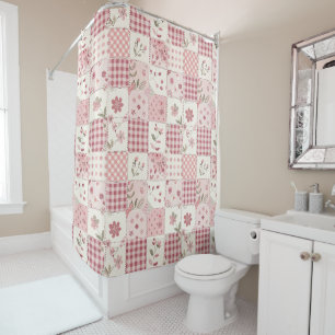 Pink Patchwork Quilt Rustic Floral Retro Shower Curtain