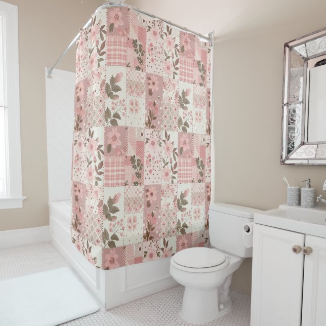 Pink Patchwork Quilt Rustic Floral Retro  Shower Curtain (In Situ)