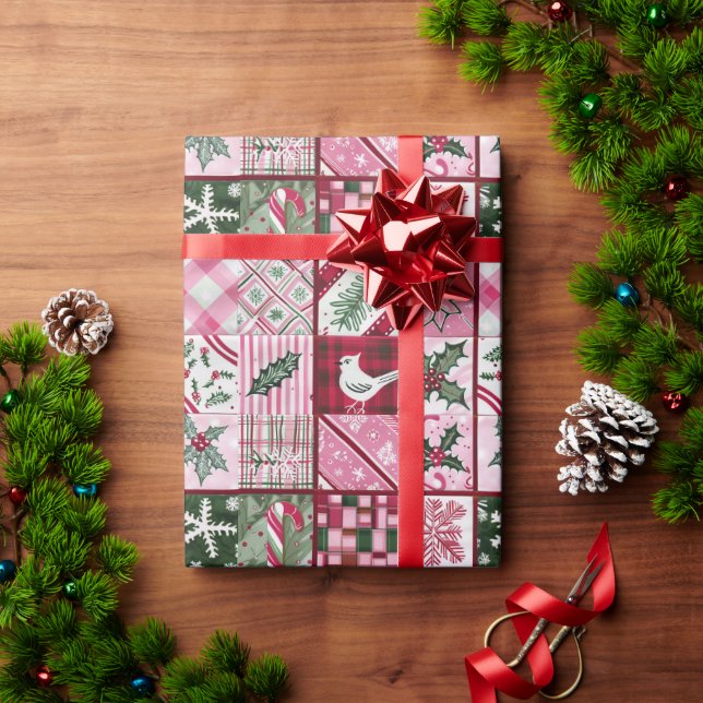 Pink Patchwork Quilt With A Bird And Holly Leaves Wrapping Paper (Holiday Gift)