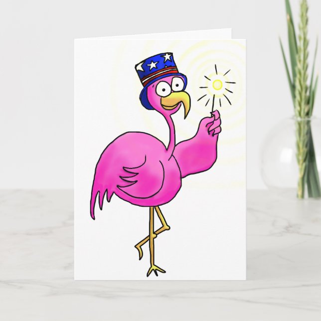 Pink Patriotic Flamingo Hat Sparkler Card (Front)