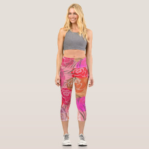 Pink pattern with flowers and plants capri leggings