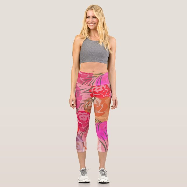 Pink pattern with flowers and plants  capri leggings (Front)