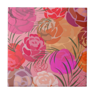 Pink pattern with flowers and plants ceramic tile