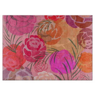 Pink pattern with flowers and plants cutting board