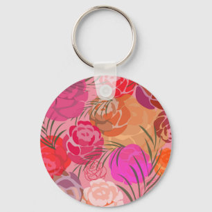 Pink pattern with flowers and plants key ring