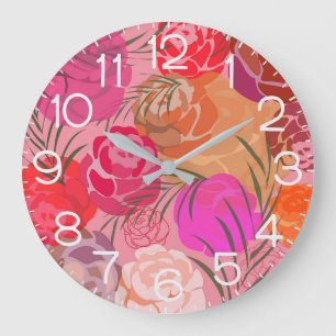 Pink pattern with flowers and plants large clock