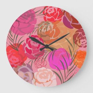 Pink pattern with flowers and plants large clock