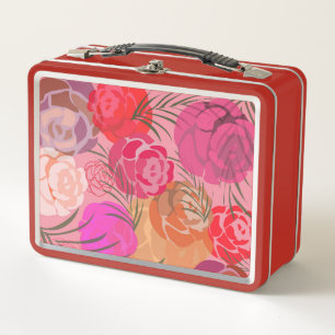 Pink pattern with flowers and plants metal lunch box