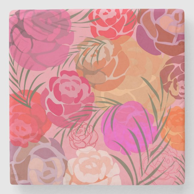 Pink pattern with flowers and plants stone coaster (Front)