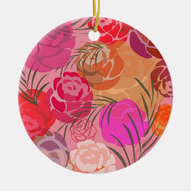 Pink pattern with flowers and plants throw pillow ceramic ornament (Front)