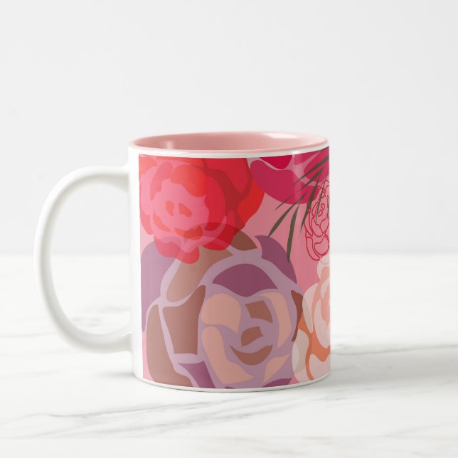 Pink pattern with flowers and plants Two-Tone coffee mug (Left)