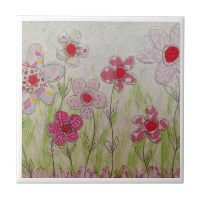 Pink Patterned Flowers Ceramic Tile (Front)