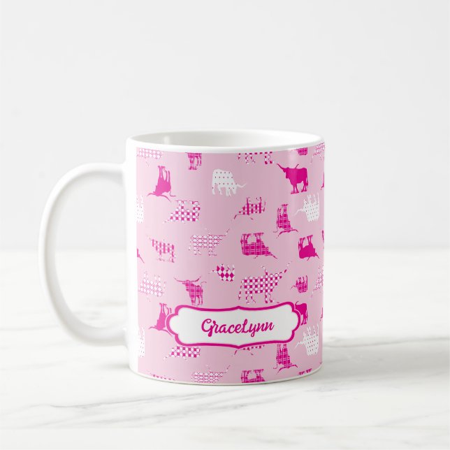 Pink Patterned Longhorns Pattern Coffee Mug (Left)