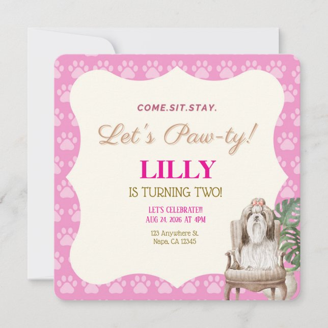 Pink Paw Dog Birthday Party Invitation (Front)