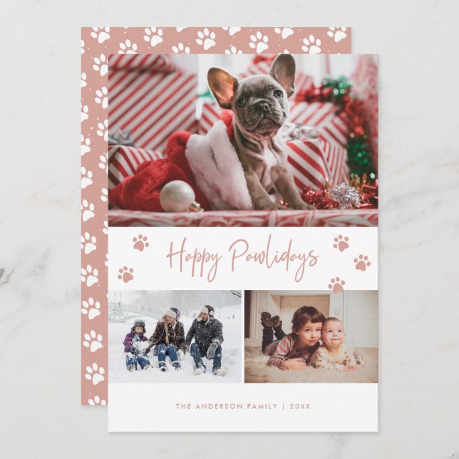 Pink Paw Print 3 Photo Collage Happy Pawlidays Pet Holiday Card (Front/Back)