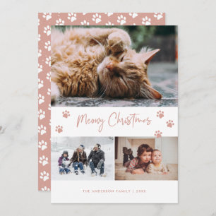 Pink Paw Print 3 Photo Collage Meowy Christmas Pet Holiday Card