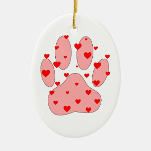 Pink Paw Print With Hearts Ceramic Ornament