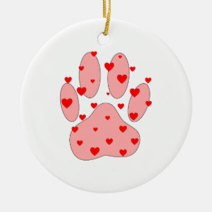 Pink Paw Print With Hearts Ceramic Tree Decoration