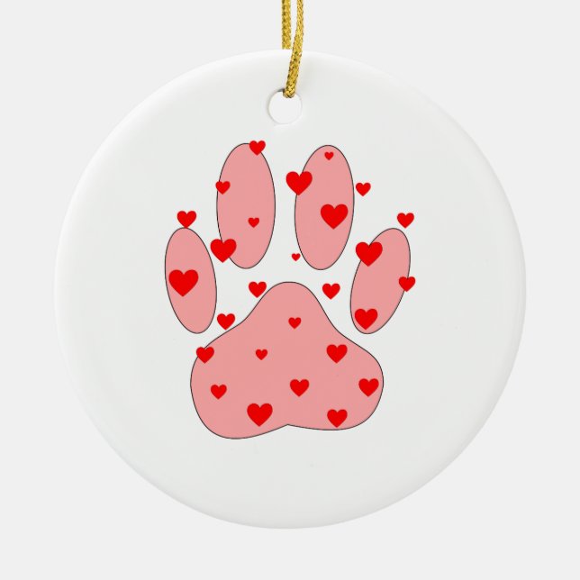 Pink Paw Print With Hearts Ceramic Tree Decoration (Front)