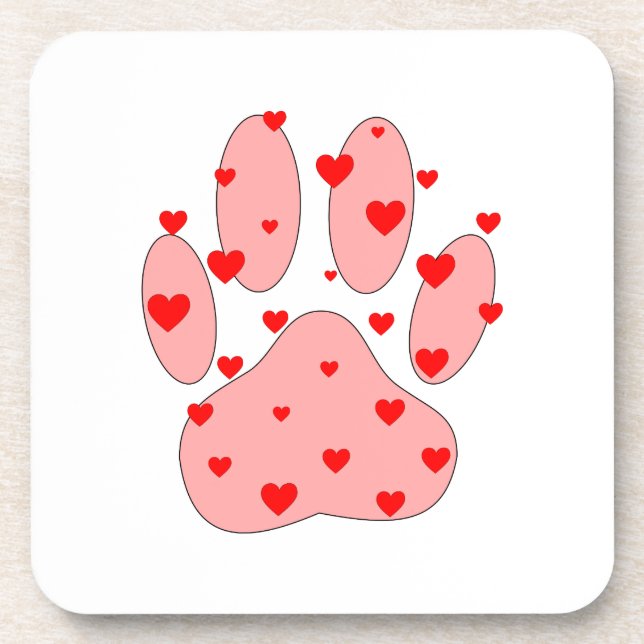 Pink Paw Print With Hearts Coaster (Front)