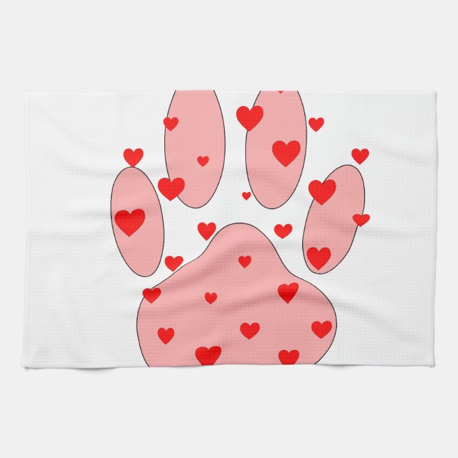 Pink Paw Print With Hearts Tea Towel (Horizontal)