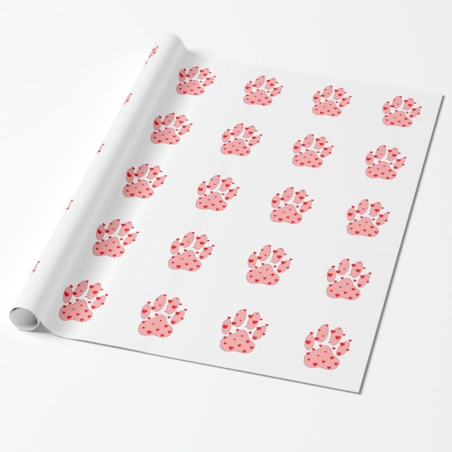Pink Paw Print With Hearts Wrapping Paper (Unrolled)