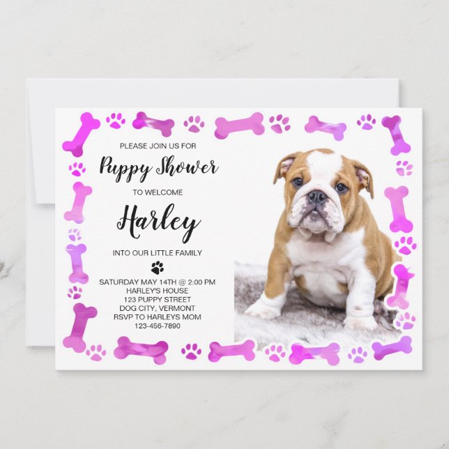Pink Paw Prints Bones New Pet Dog Puppy Shower Invitation (Front)