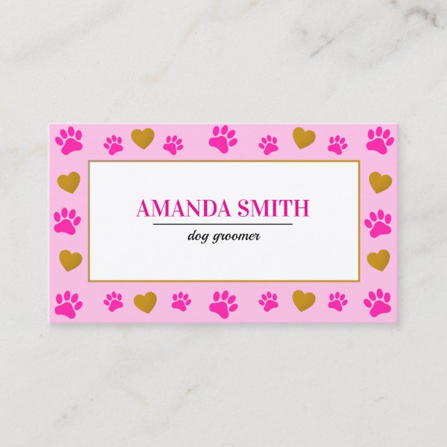 Pink Paw Prints Heart Dog Groomer Business Card (Front)