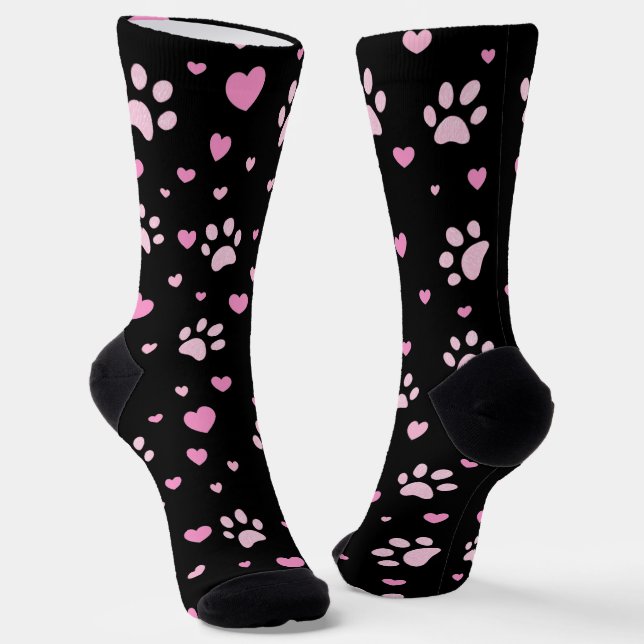 Pink Paw Prints & Hearts Crew Socks (Angled)