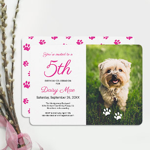 Pink Paw Prints Pet Birthday Photo Invitation