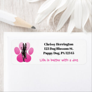 Pink Pawprint On White / Belgian Malinois Dog Return Address Label
