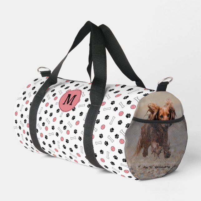 Pink Paws Bones Ball Dog Photos & Monogram Duffle Bag (Right Corner)