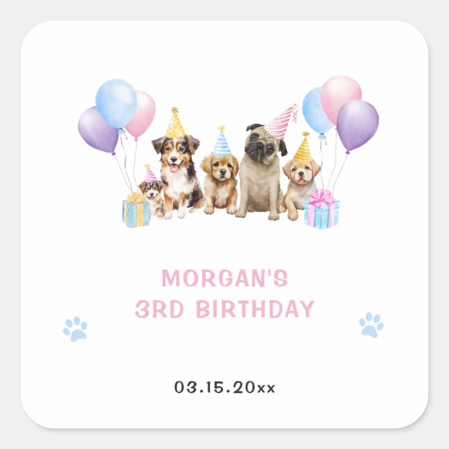 Pink Pawty Puppies Birthday Party Square Sticker (Front)
