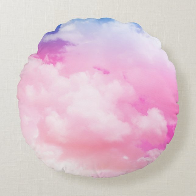 pink, peace, blue, yellow clouds and sky. Abstract Round Cushion (Front)