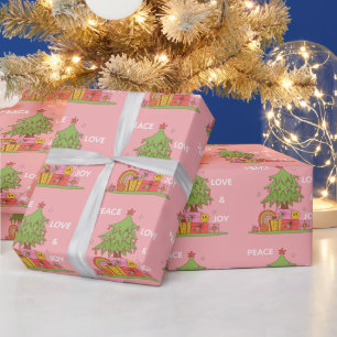 Pink Peace, Love & Joy Retro Christmas Tree Wrapping Paper
