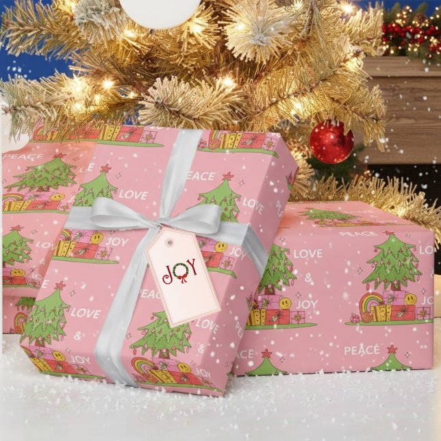 Pink Peace, Love & Joy Retro Christmas Tree Wrapping Paper (Creator Uploaded)