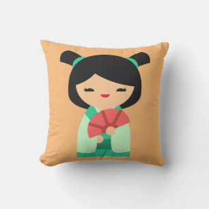 Pink peach and aqua Kokeshi Japanese dolls Cushion